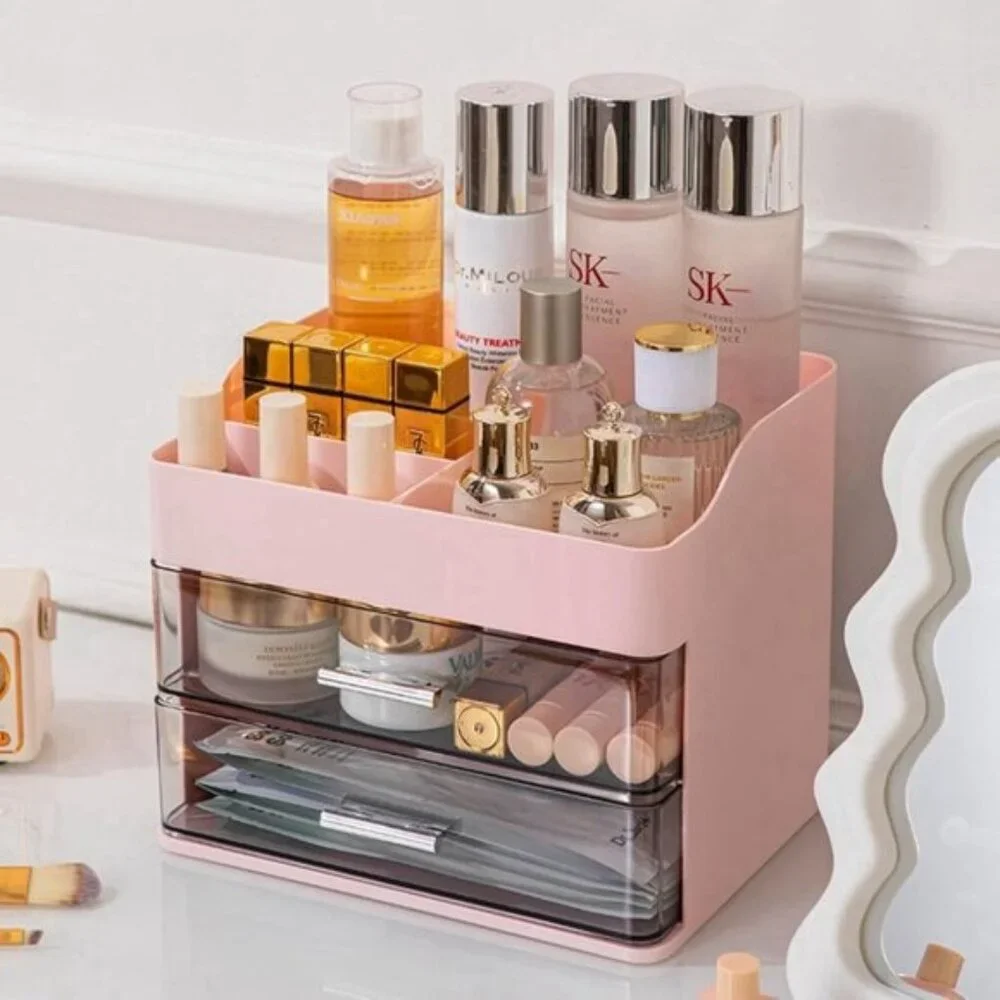 New Pink Makeup & Skincare Organizer, 2-Drawer Vanity Box with Display Case